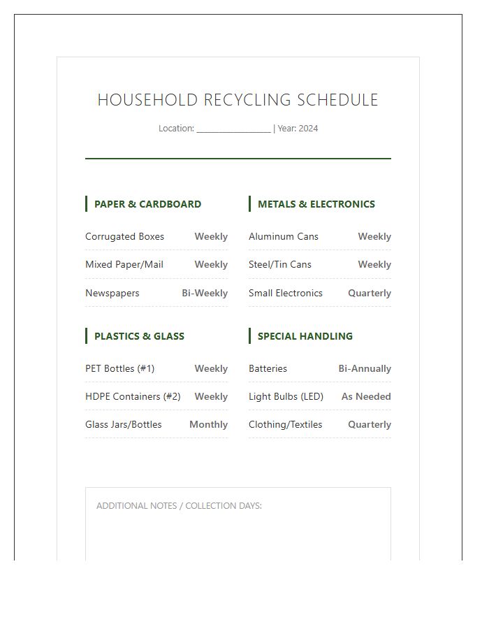 Household Recycling Frequency Schedule Printable Chart