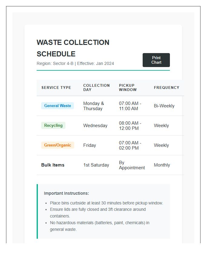 Local Waste Service Timing Printable Chart