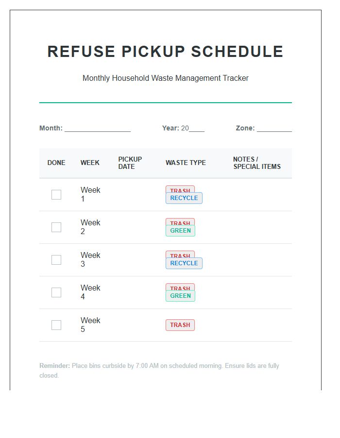 Monthly Household Refuse Pickup Printable Chart