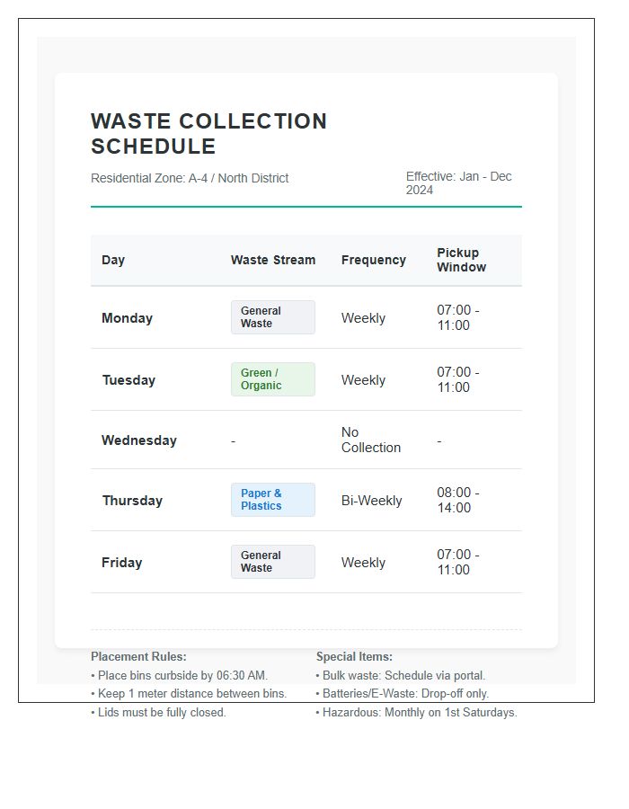 Municipal Waste Collection Routine Printable Chart