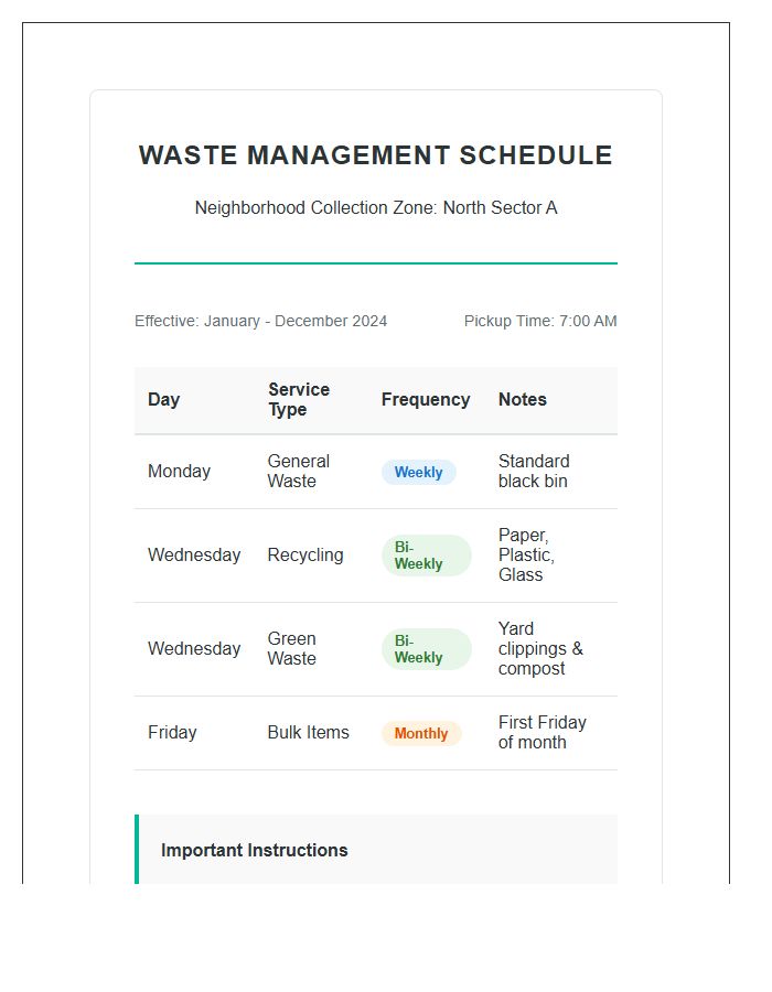 Neighborhood Waste Management Schedule Printable Chart