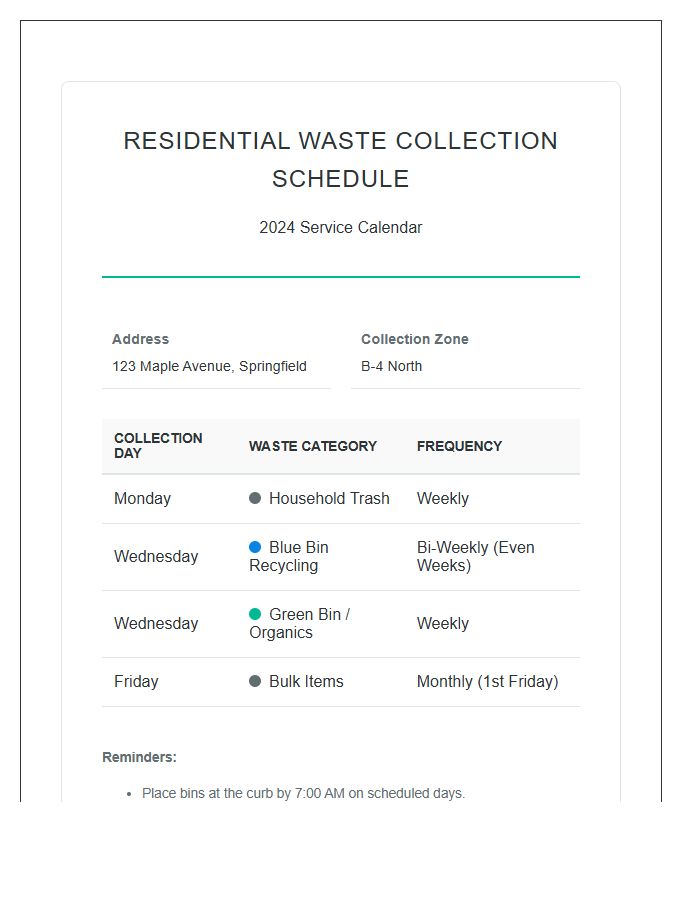 Residential Garbage Collection Schedule Printable Chart