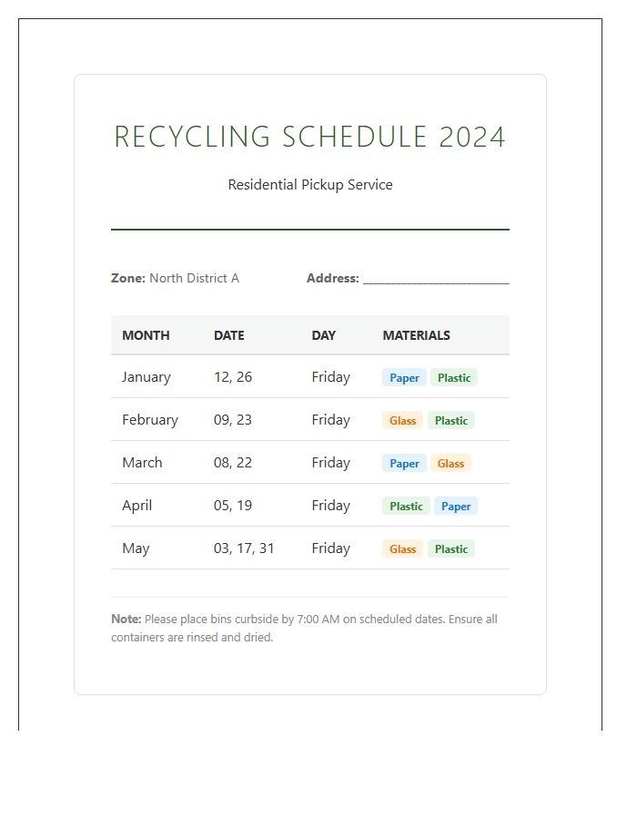 Residential Recycling Pickup Dates Printable Chart