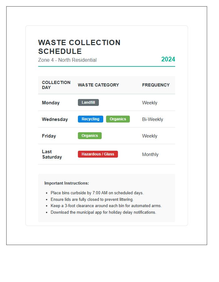 Residential Waste Sorting Schedule Printable Chart