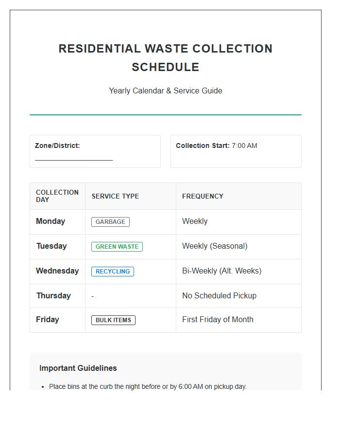 Suburban Garbage Pickup Schedule Printable Chart