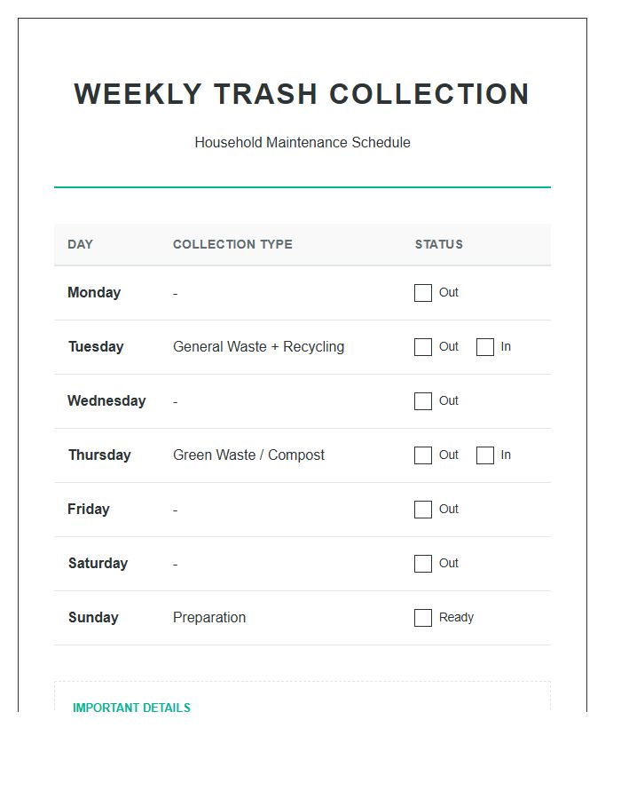 Weekly Household Trash Pickup Printable Chart