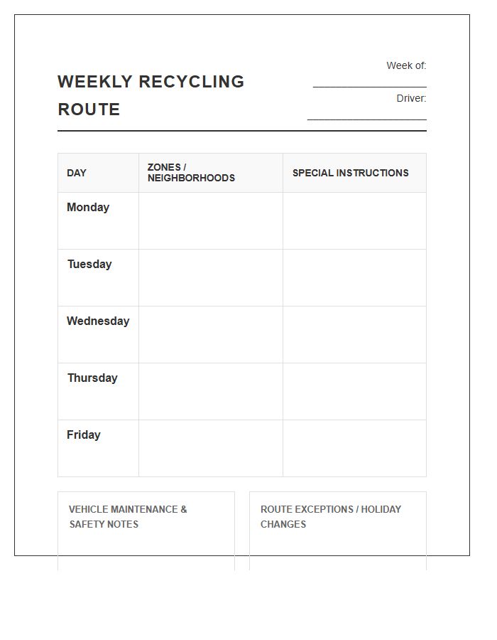 Weekly Recycling Route Schedule Printable Chart