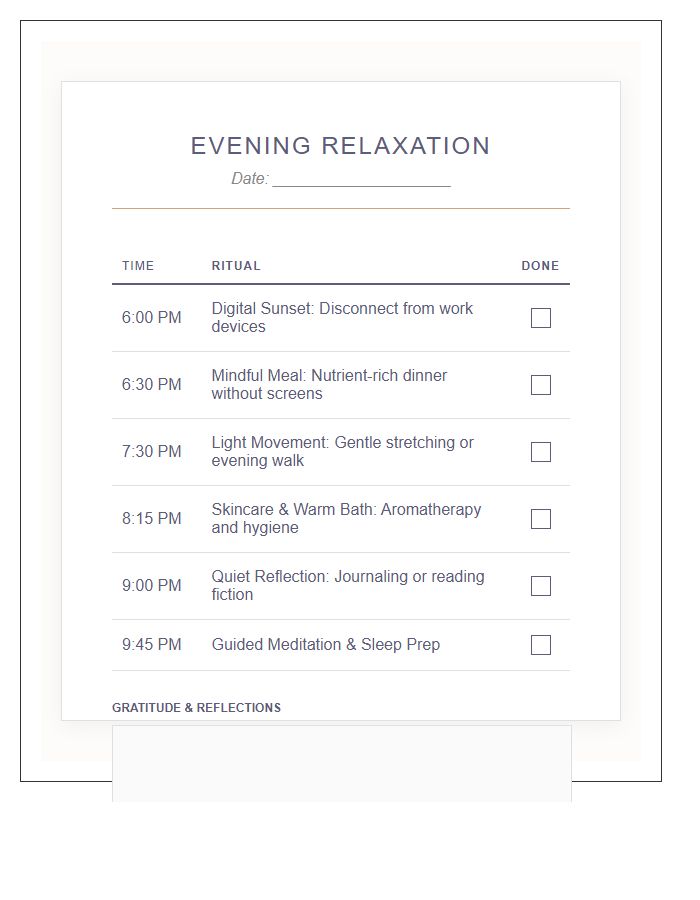Evening Relaxation Self Care Schedule Printable Chart