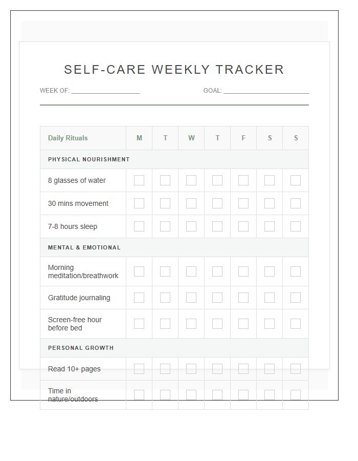 Healthy Lifestyle Self Care Printable Chart
