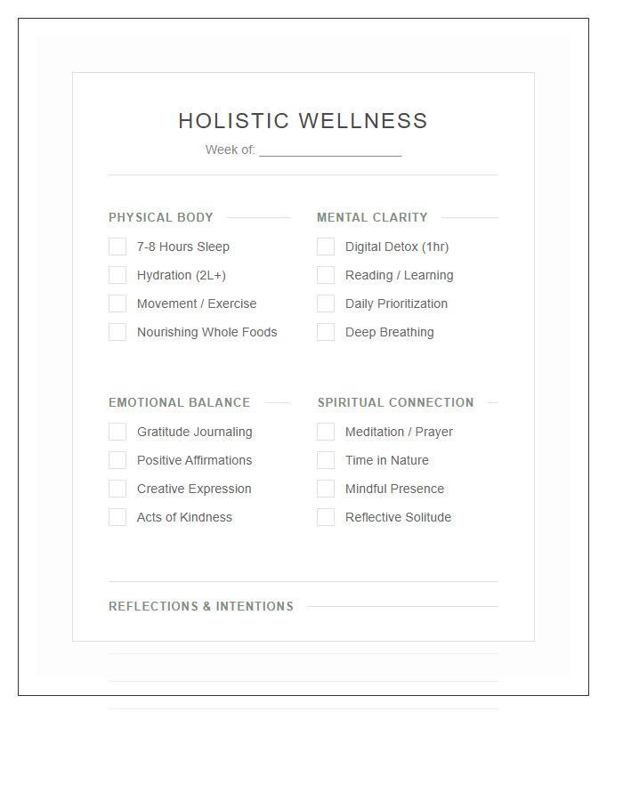 Holistic Wellness Self Care Printable Chart