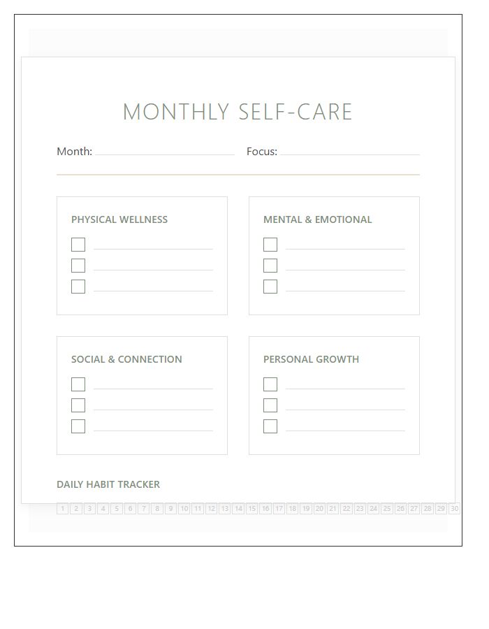Monthly Self Care Goals Printable Chart