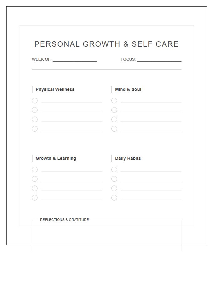 Personal Growth Self Care Printable Chart