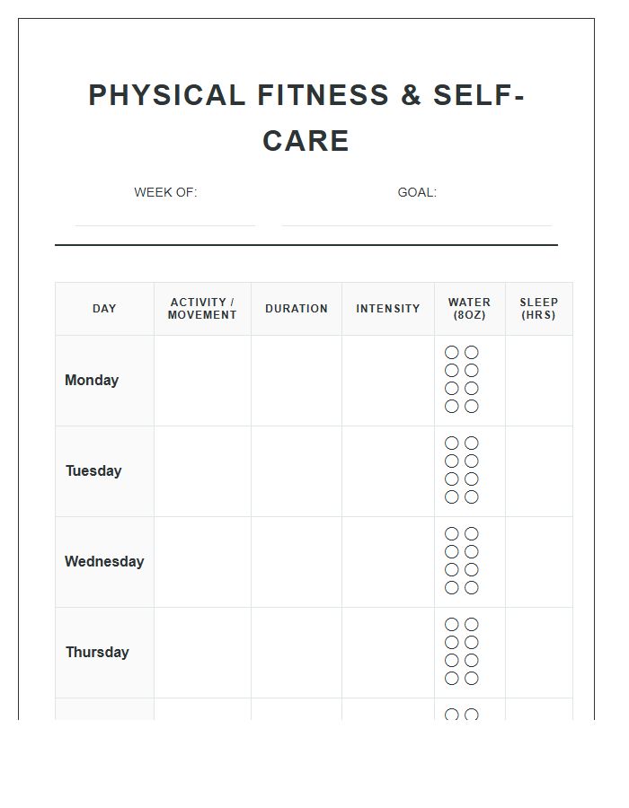 Physical Fitness Self Care Printable Chart