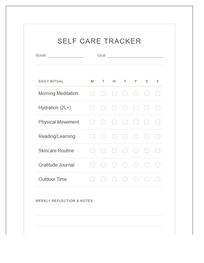 Self Care Activity Tracker Printable Chart