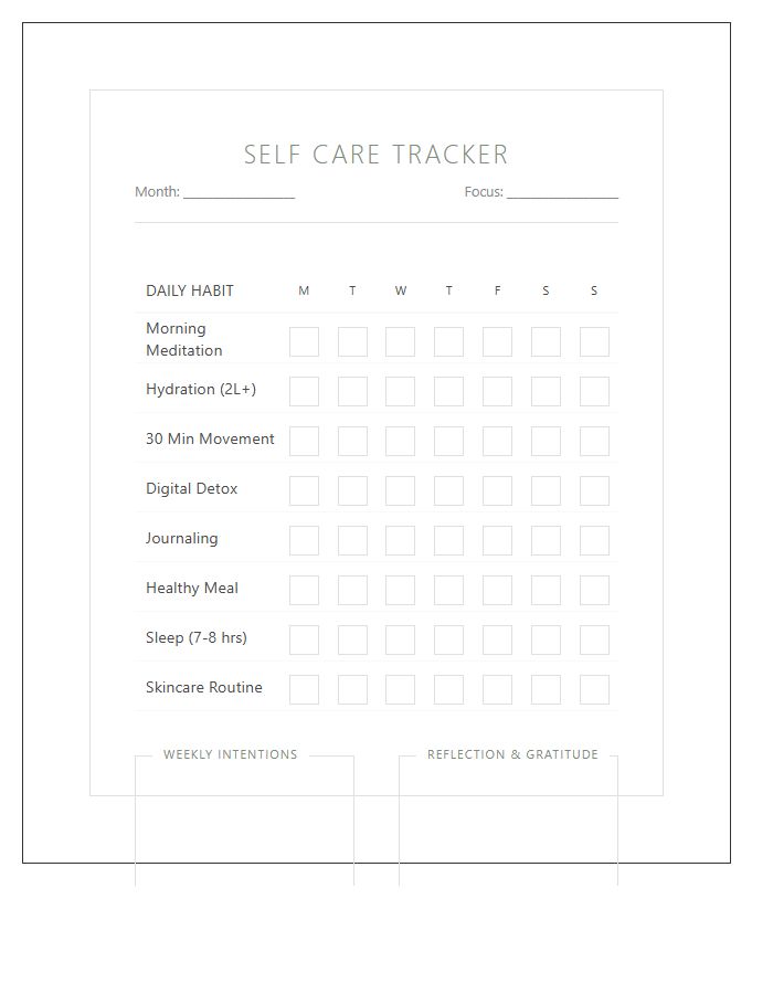 Self Care Habit Tracker Printable Chart