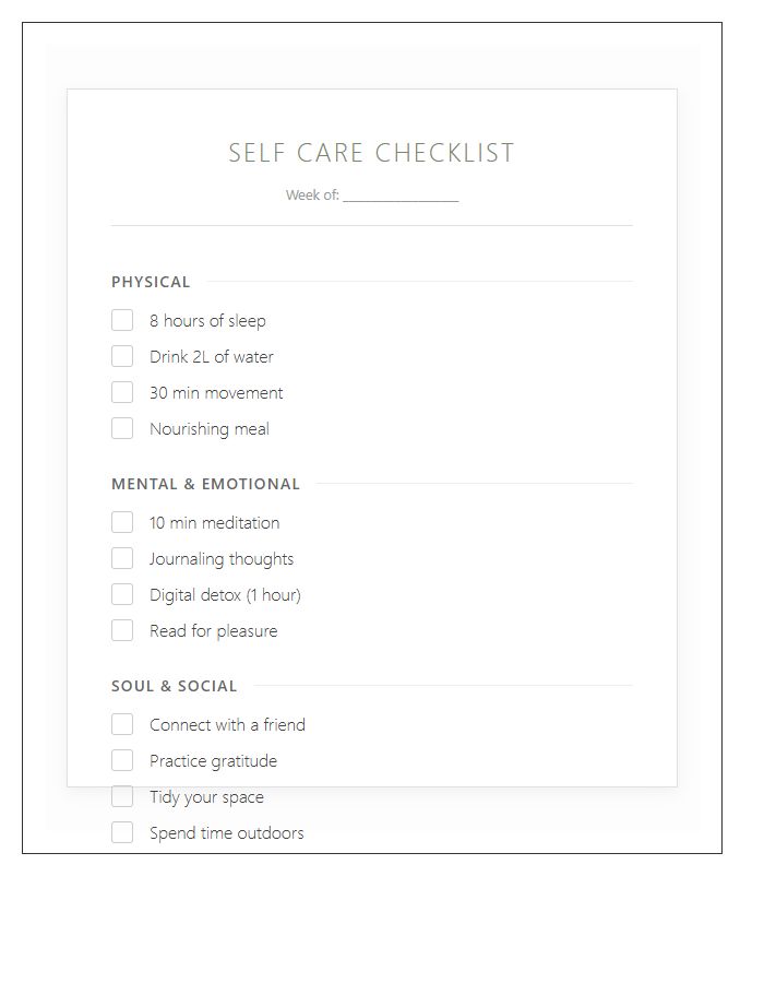 Simple Self Care Checklist Printable Chart
