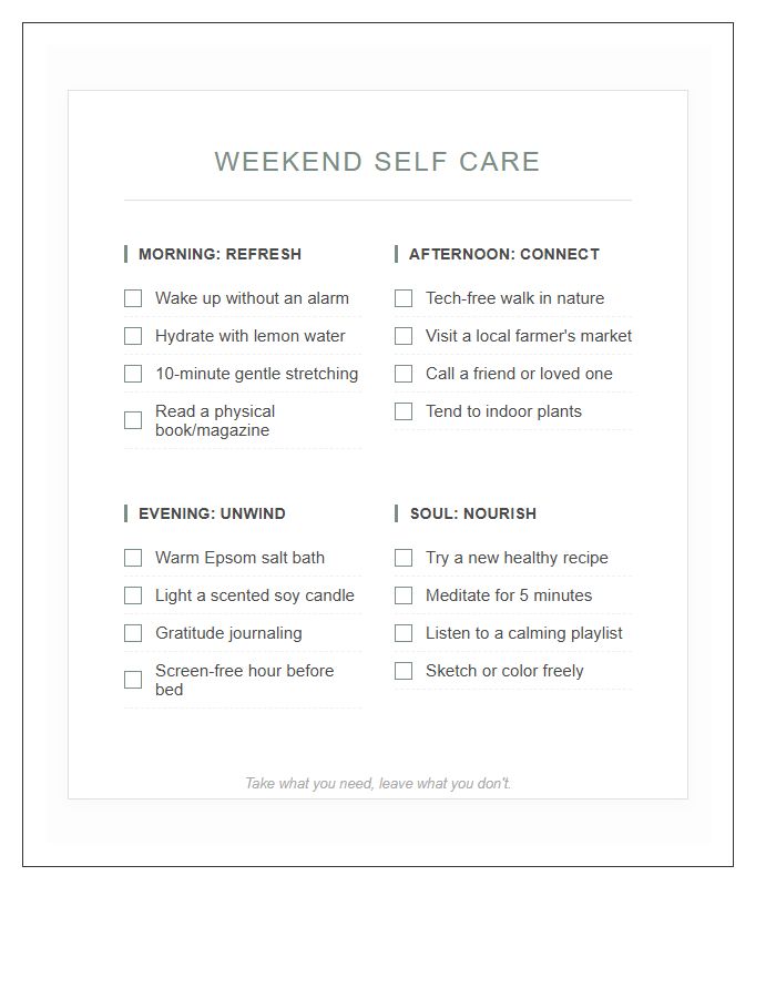 Weekend Self Care Ideas Printable Chart