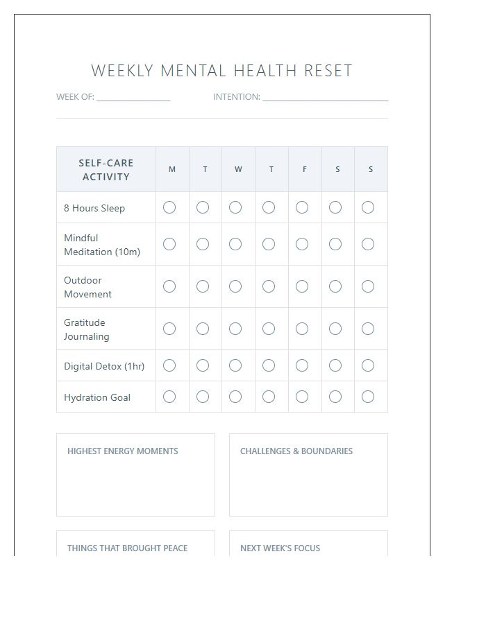 Weekly Mental Health Self Care Printable Chart