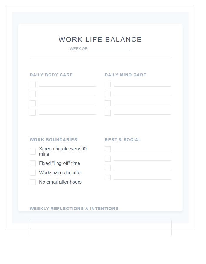Work Life Balance Self Care Printable Chart