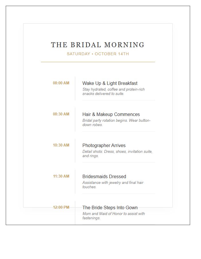 Bridal Morning Timeline Printable Chart