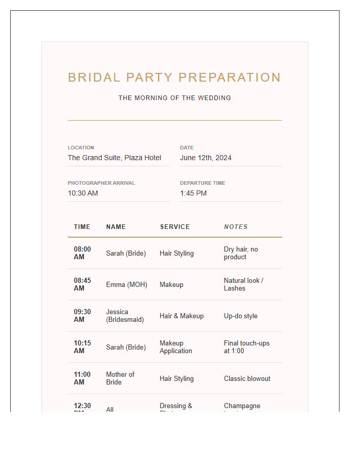 Bridal Party Preparation Printable Chart