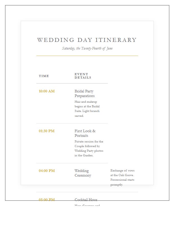 Classic Wedding Day Printable Chart