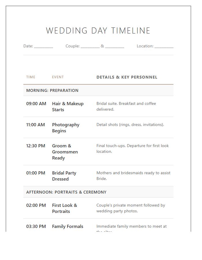 Complete Wedding Day Printable Chart