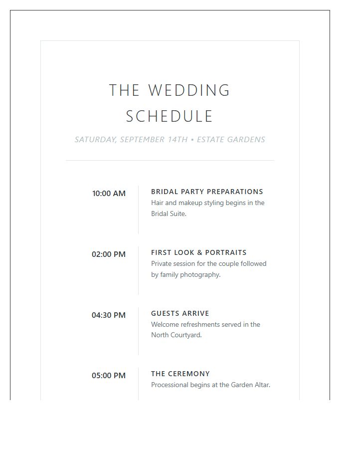 Comprehensive Wedding Schedule Printable Chart