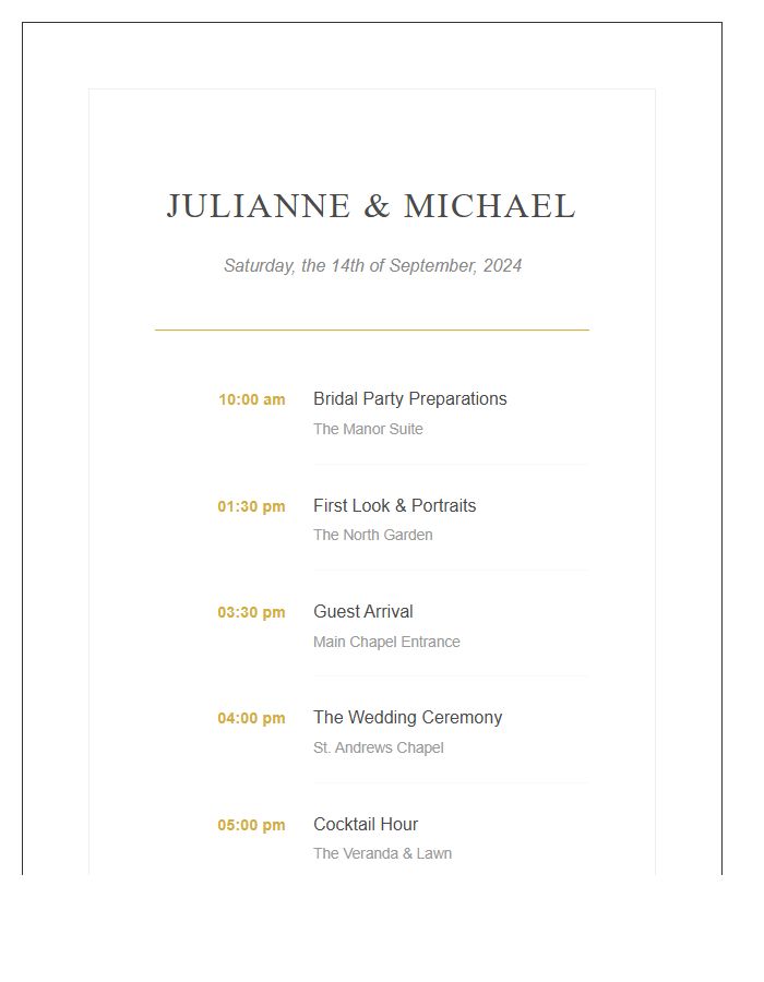 Coordinated Wedding Schedule Printable Chart