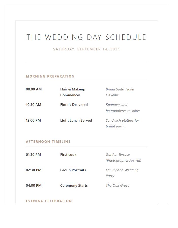 Detailed Wedding Day Printable Chart