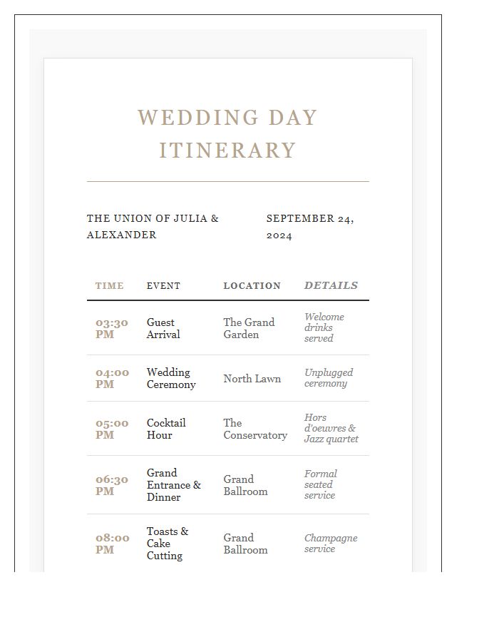 Formal Wedding Event Printable Chart