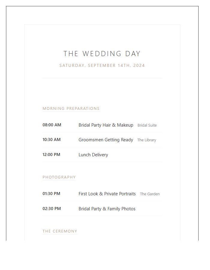 Full Wedding Day Printable Chart