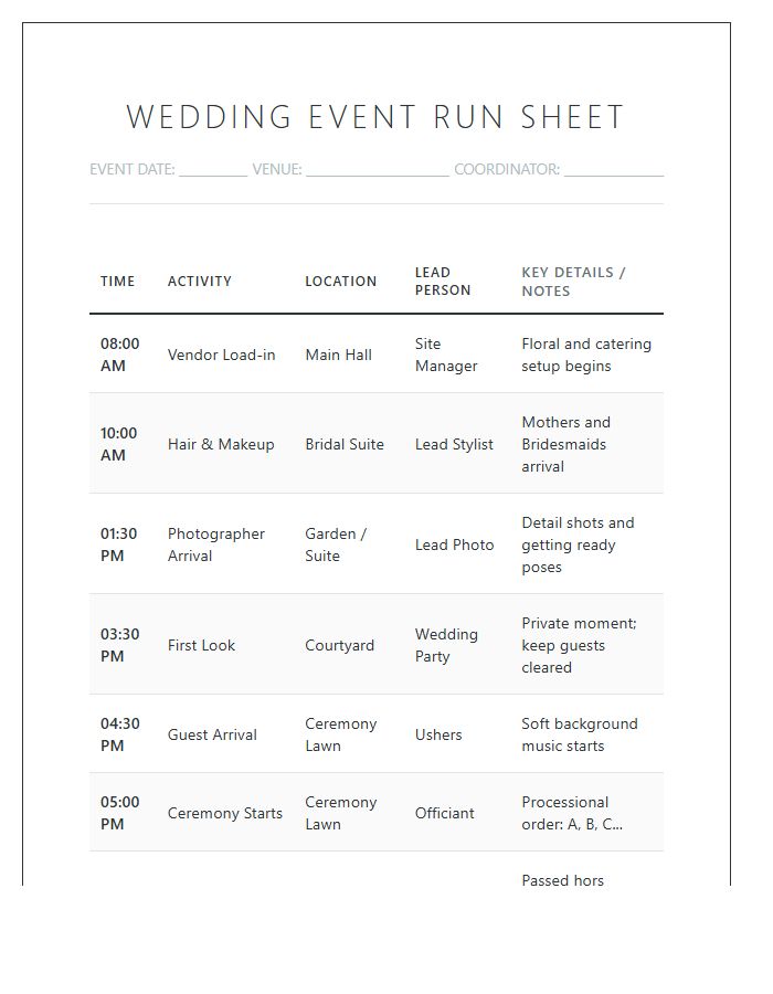Organized Wedding Event Printable Chart