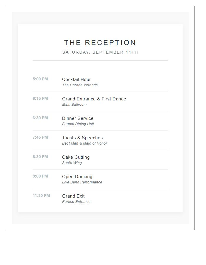 Reception Itinerary Printable Chart