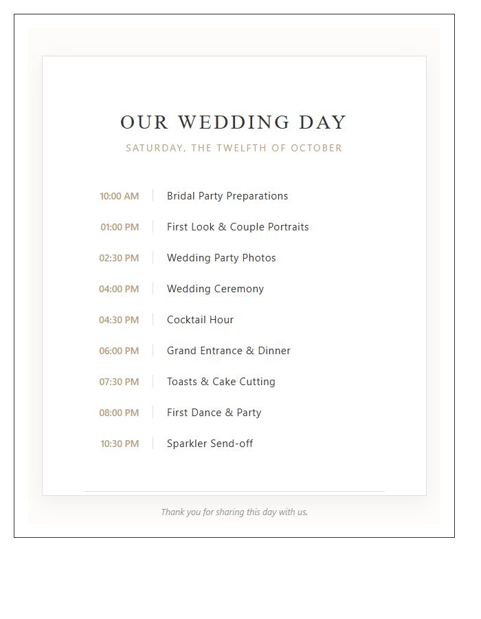 Traditional Wedding Timeline Printable Chart