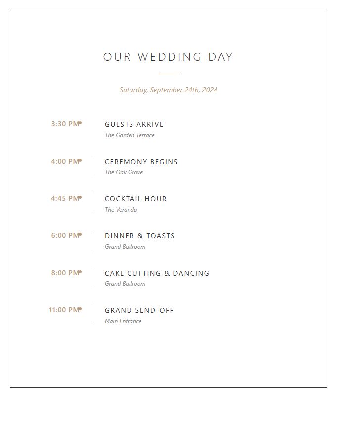 Wedding Celebration Timeline Printable Chart