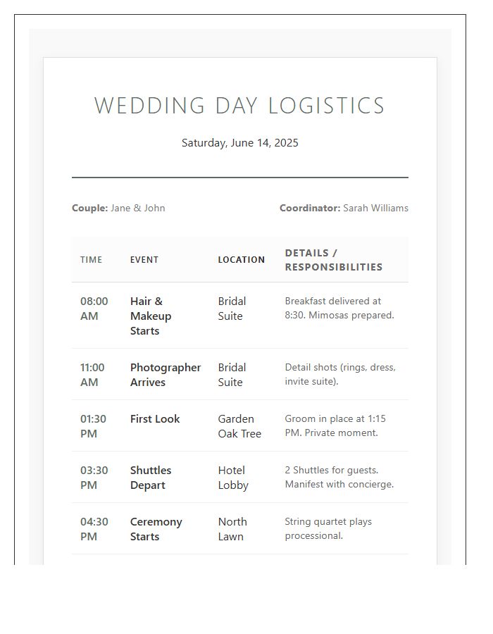 Wedding Day Logistics Printable Chart