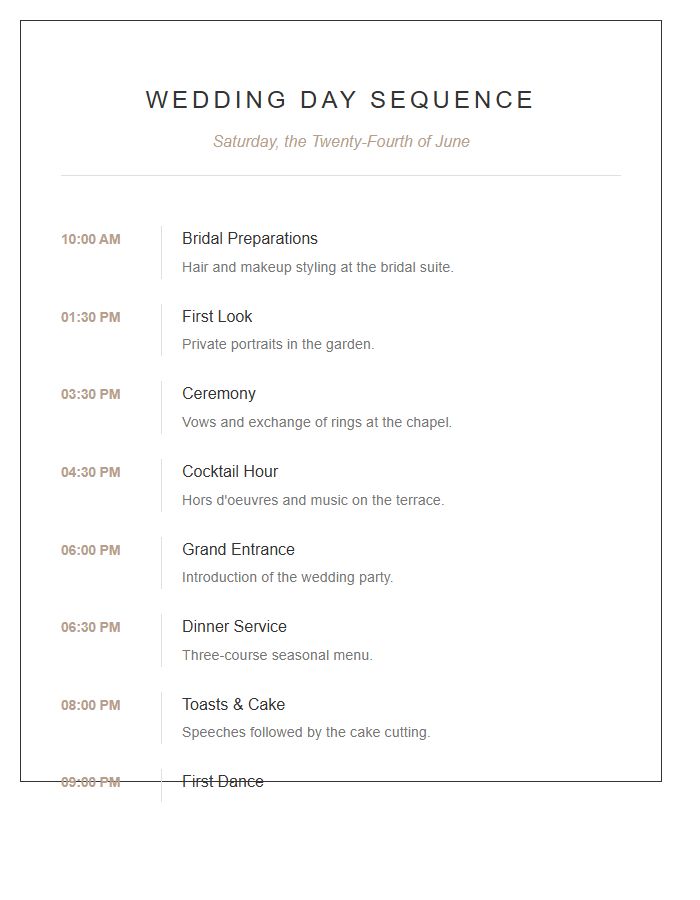 Wedding Day Sequence Printable Chart