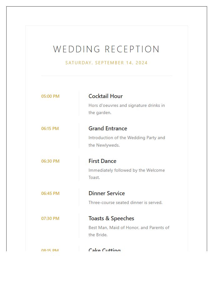 Wedding Reception Flow Printable Chart