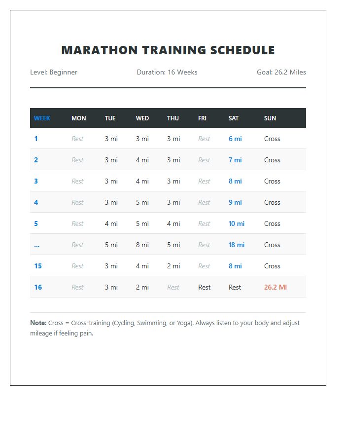 Beginner Marathon Training Running Schedule Printable Chart