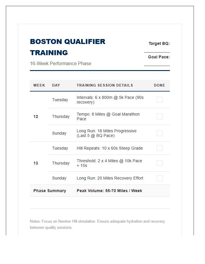 Boston Marathon Qualifying Training Running Schedule Printable Chart