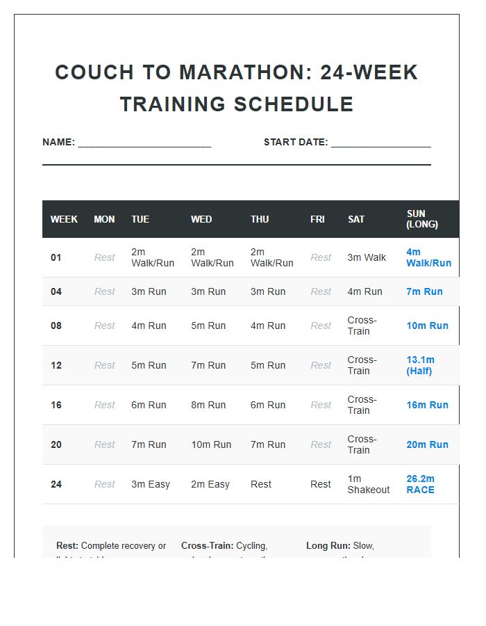 Couch To Marathon Training Running Schedule Printable Chart