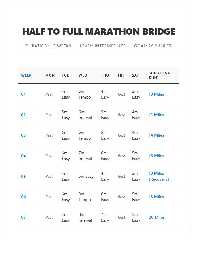 Half To Full Marathon Training Running Schedule Printable Chart