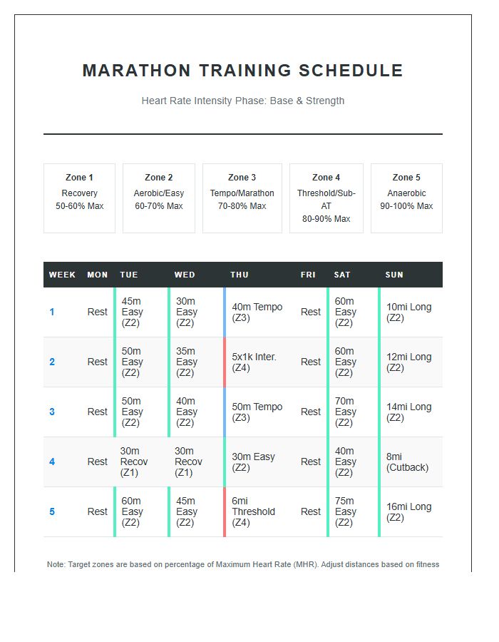 Heart Rate Based Marathon Training Running Schedule Printable Chart