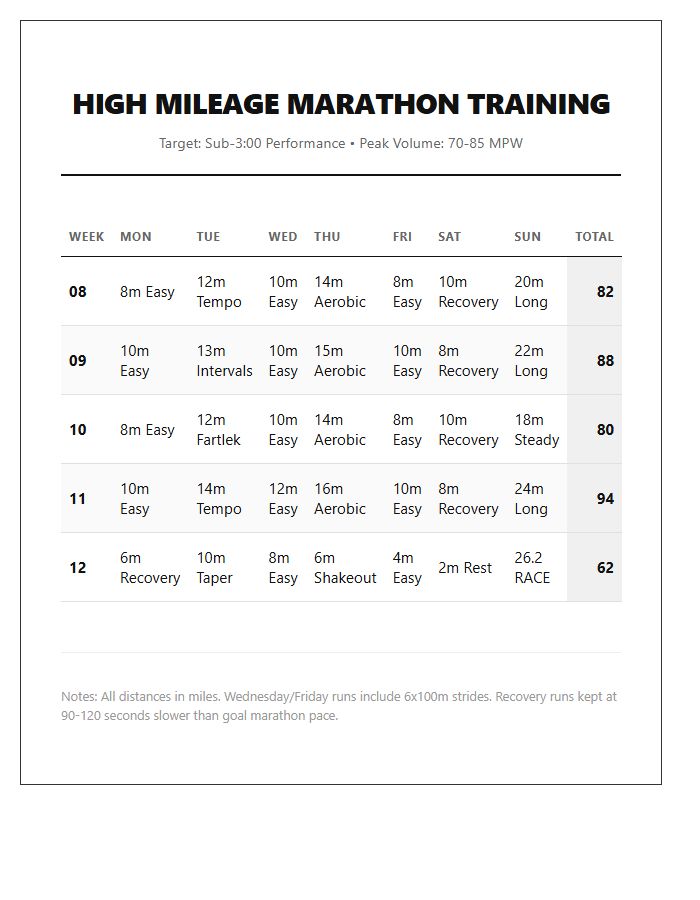 High Mileage Marathon Training Running Schedule Printable Chart