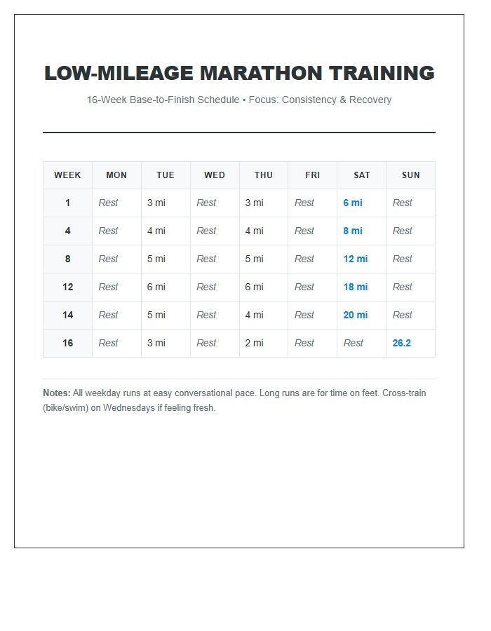 Low Mileage Marathon Training Running Schedule Printable Chart