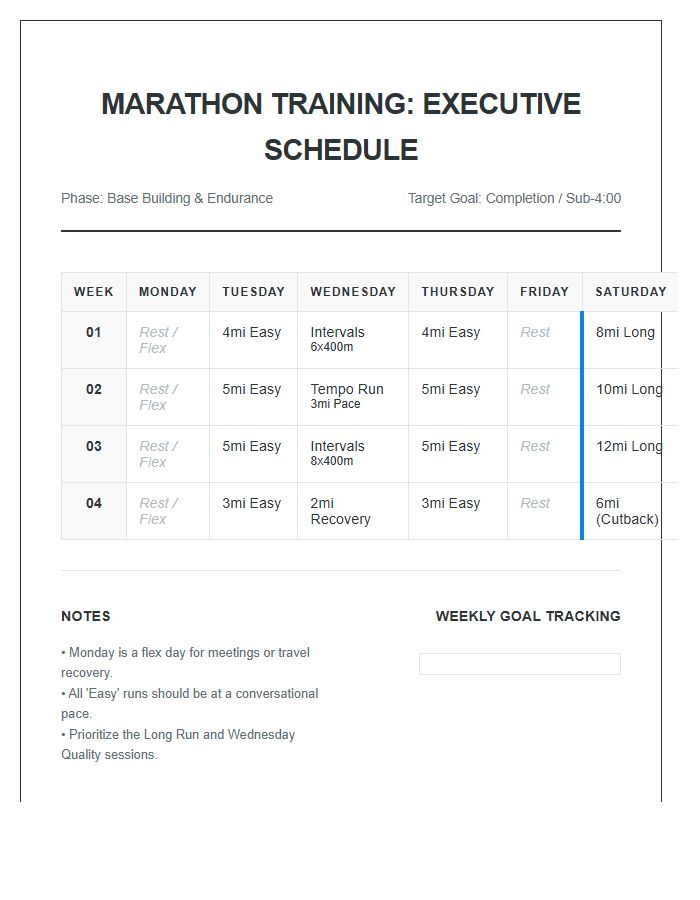 Marathon Training Running Schedule Printable Chart For Busy Professionals