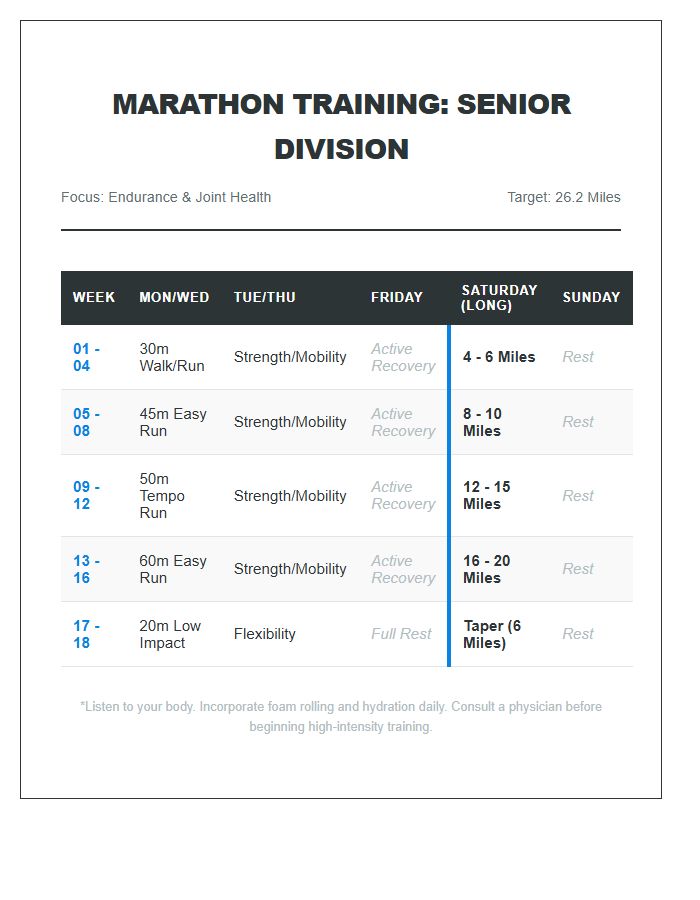 Marathon Training Running Schedule Printable Chart For Seniors