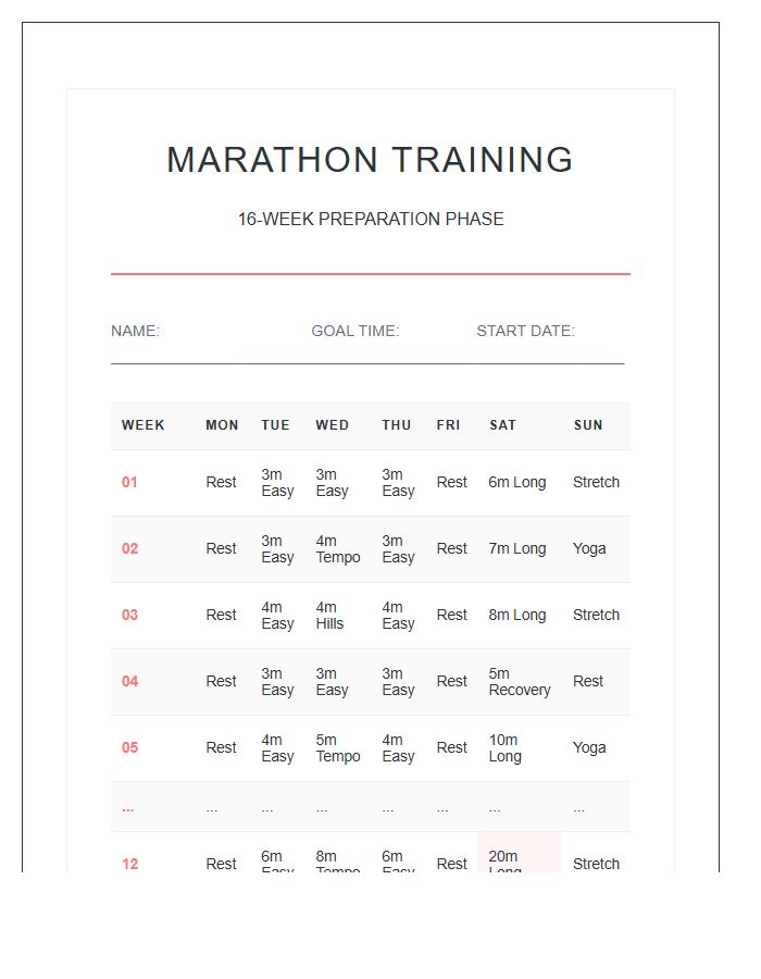 Marathon Training Running Schedule Printable Chart For Women