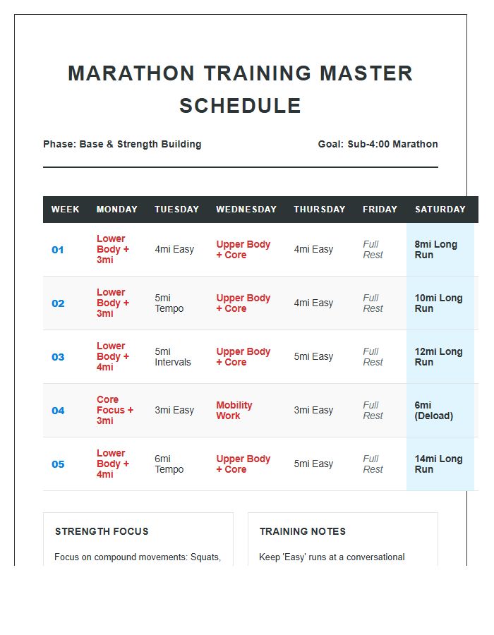 Marathon Training Running Schedule Printable Chart With Strength Training